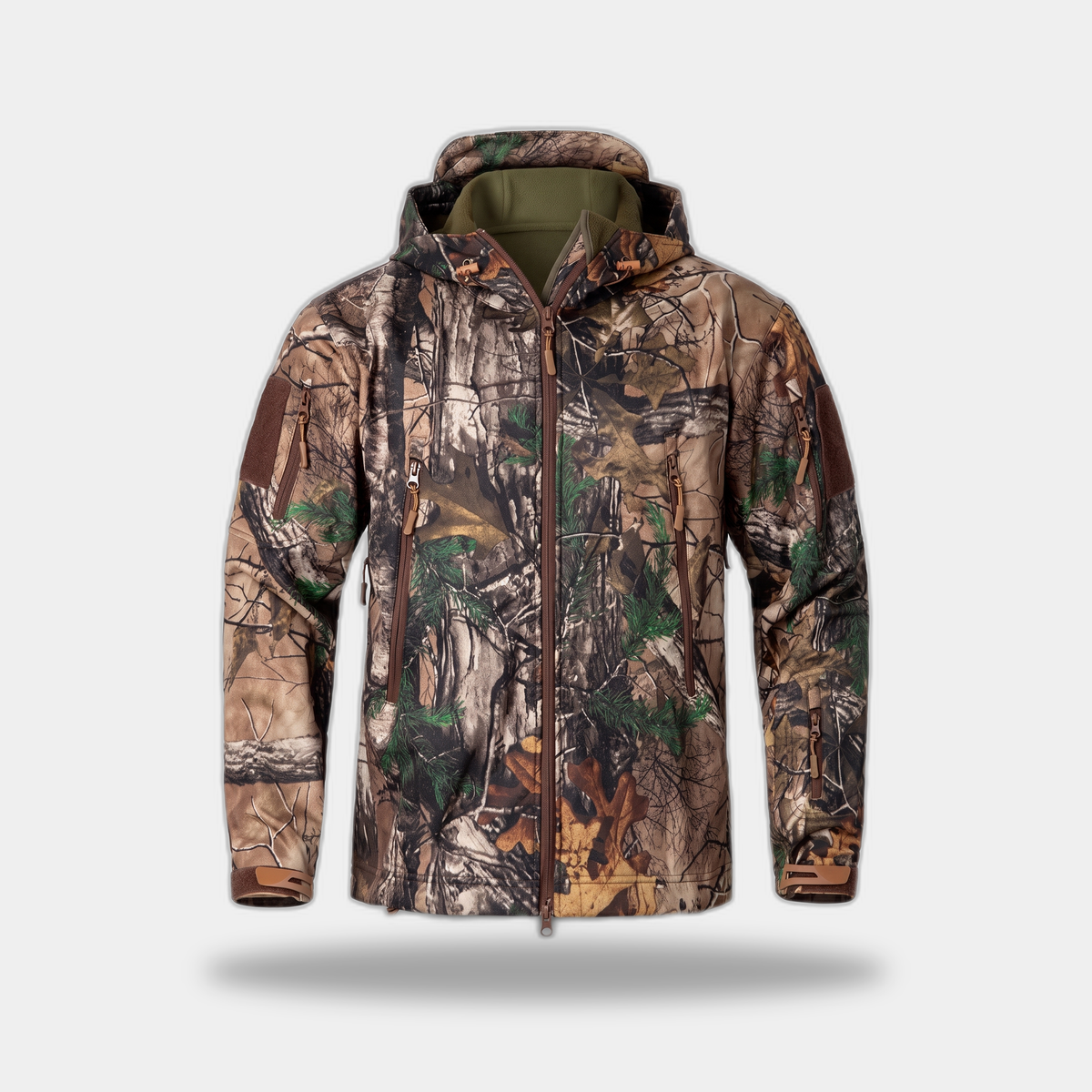 Kurtka softshell męska myśliwska moro – kamuflaż liściasty - polar - 6 kieszeni