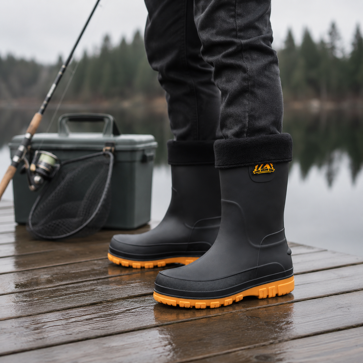 Insulated rain boots on a fishing jetty