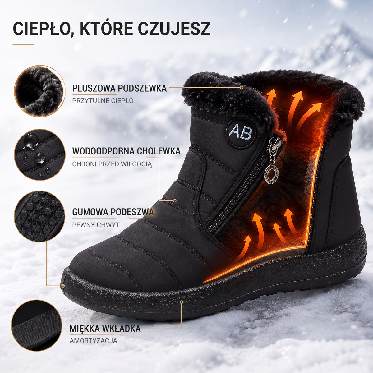 Plush lining, waterproof upper, rubber outsole and soft insole
