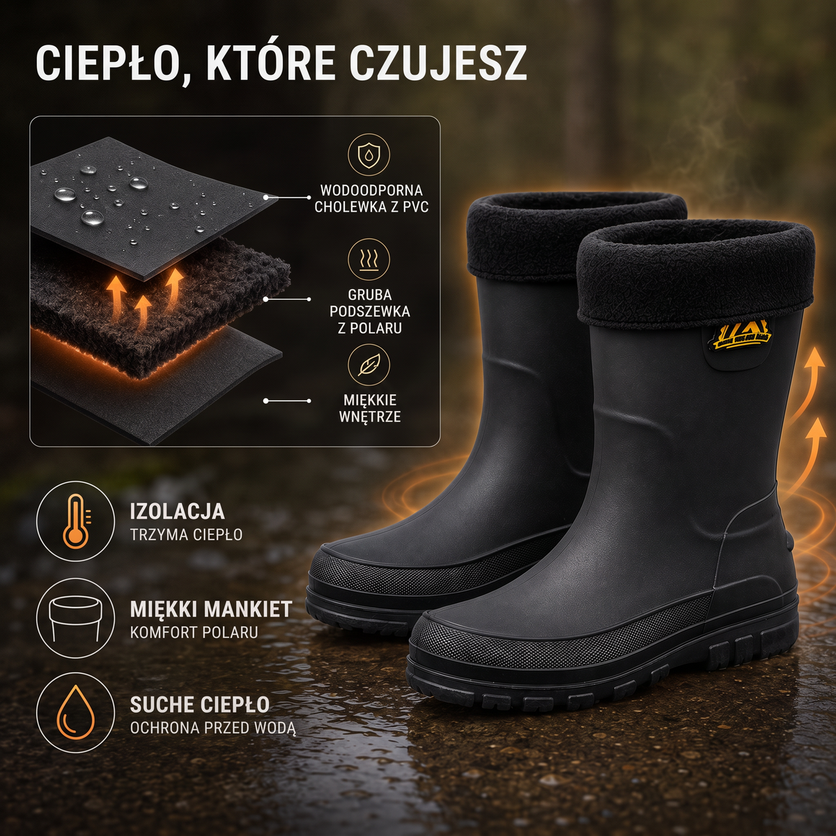 Waterproof PVC shell, thick fleece lining and soft fleece cuff