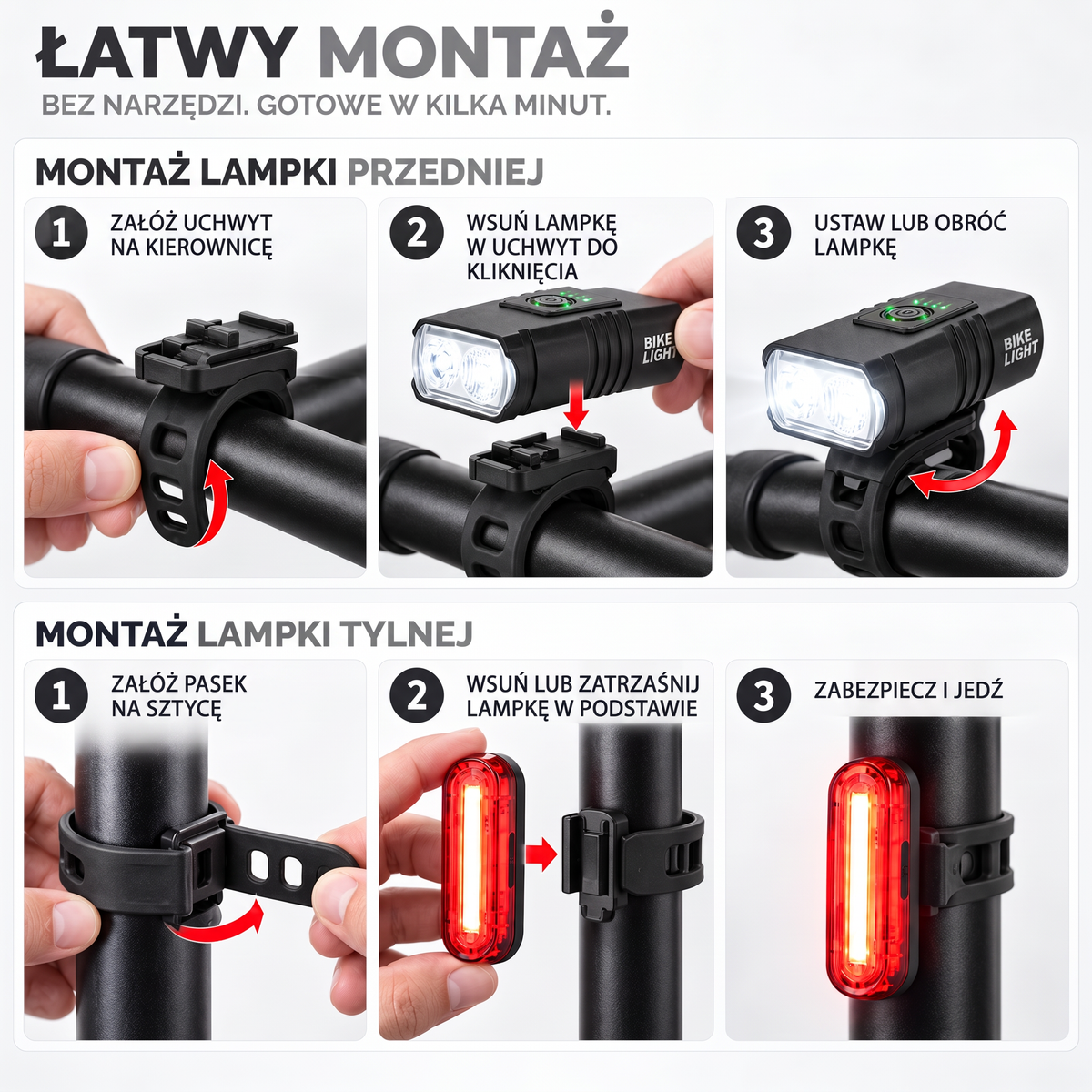 Tool-free installation of the front and rear light
