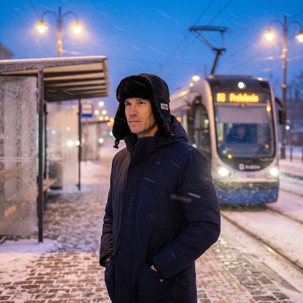Mężczyzna w czarnej czapce uszatce na przystanku tramwajowym zimą