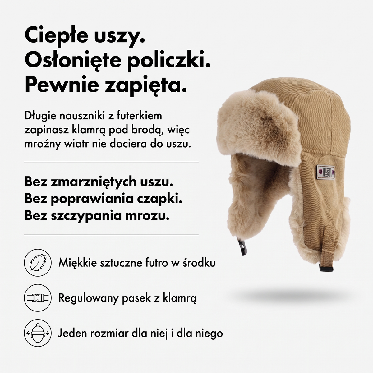 Czapka uszatka - ciepłe uszy, osłonięte policzki, pasek z klamrą