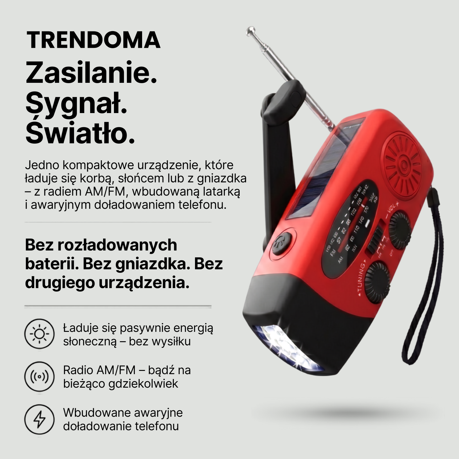 Radio awaryjne z korbką – solarne - AM/FM - latarka LED – survival i kemping