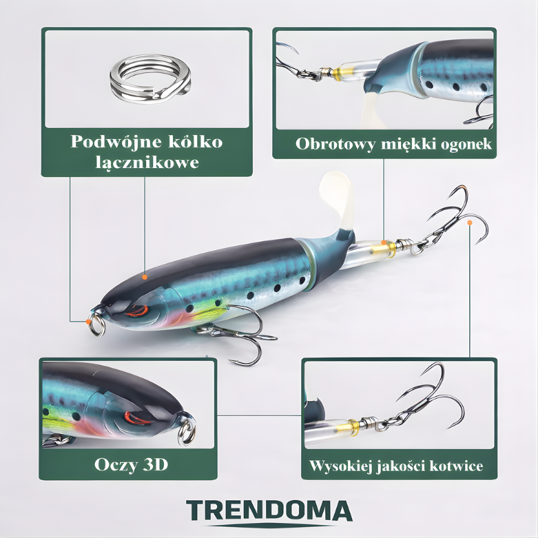 Wobler powierzchniowy popper z obrotowym ogonem – do łowienia na powierzchni