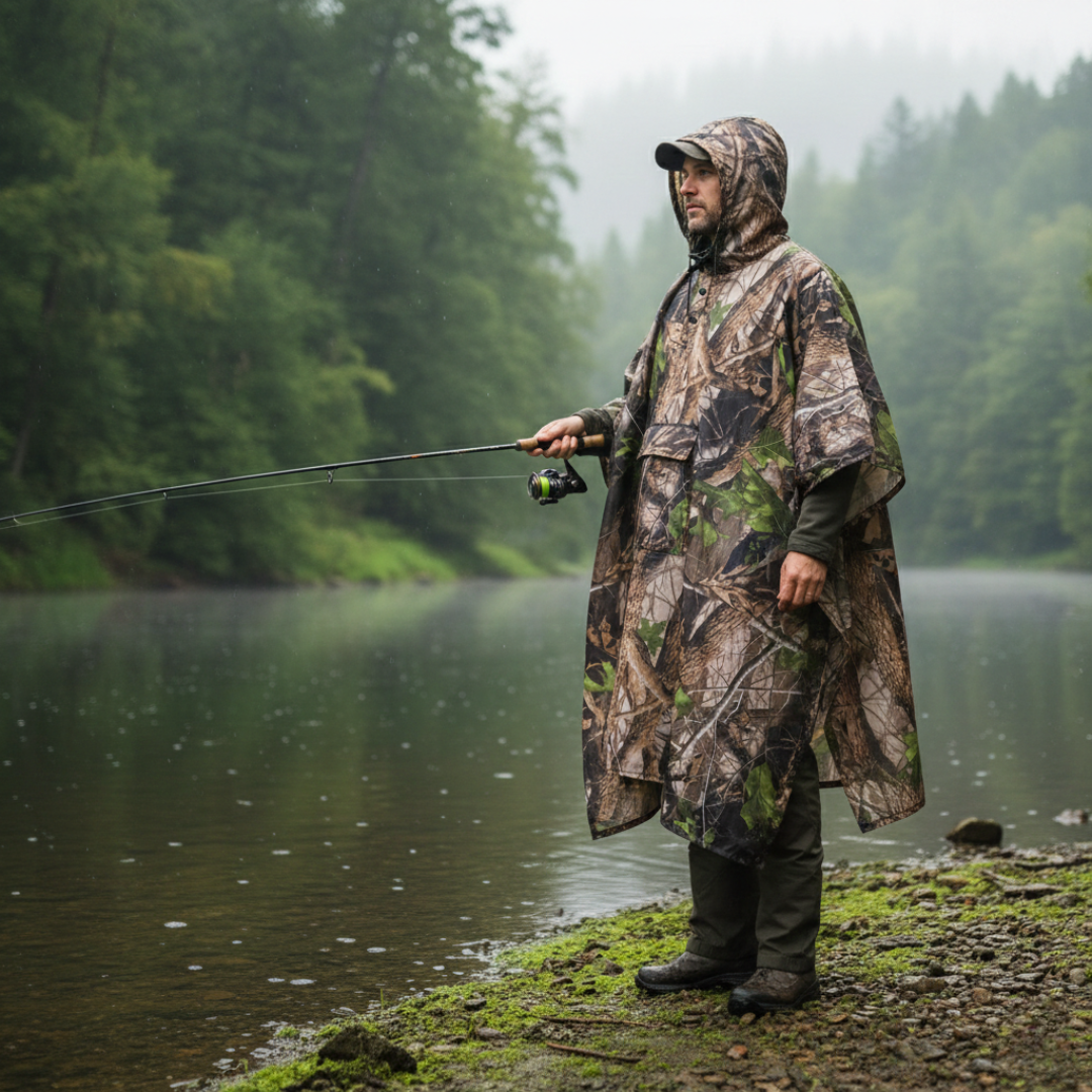 Ponczo przeciwdeszczowe z kapturem w kamuflażu – lekka osłona outdoorowa