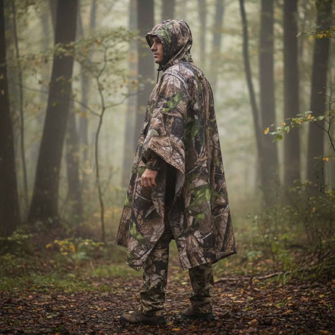 Ponczo przeciwdeszczowe z kapturem w kamuflażu – lekka osłona outdoorowa