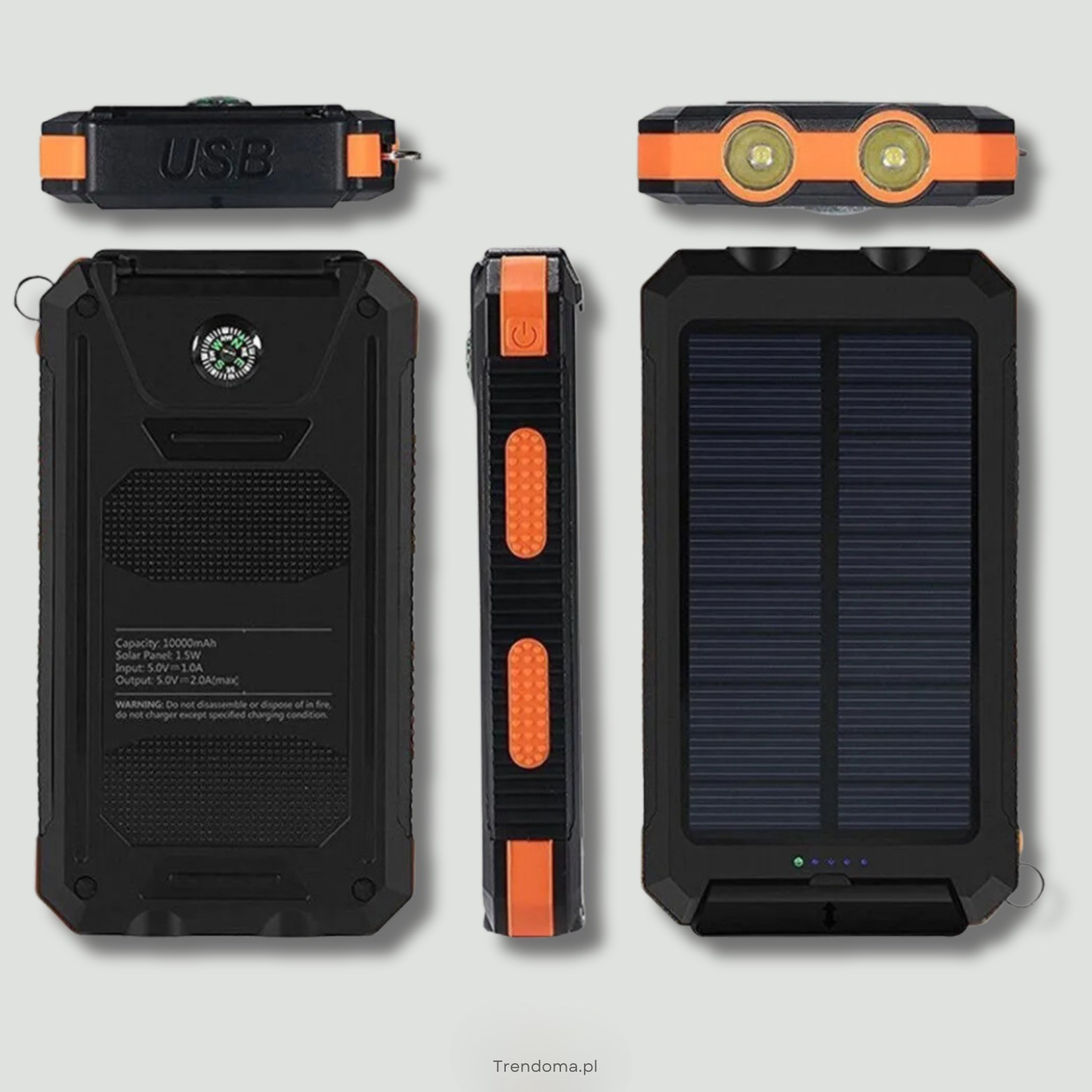 Solarny Powerbank 10000 mAh – Wodoodporne Zapasowe Zasilanie do Użytku Outdoorowego