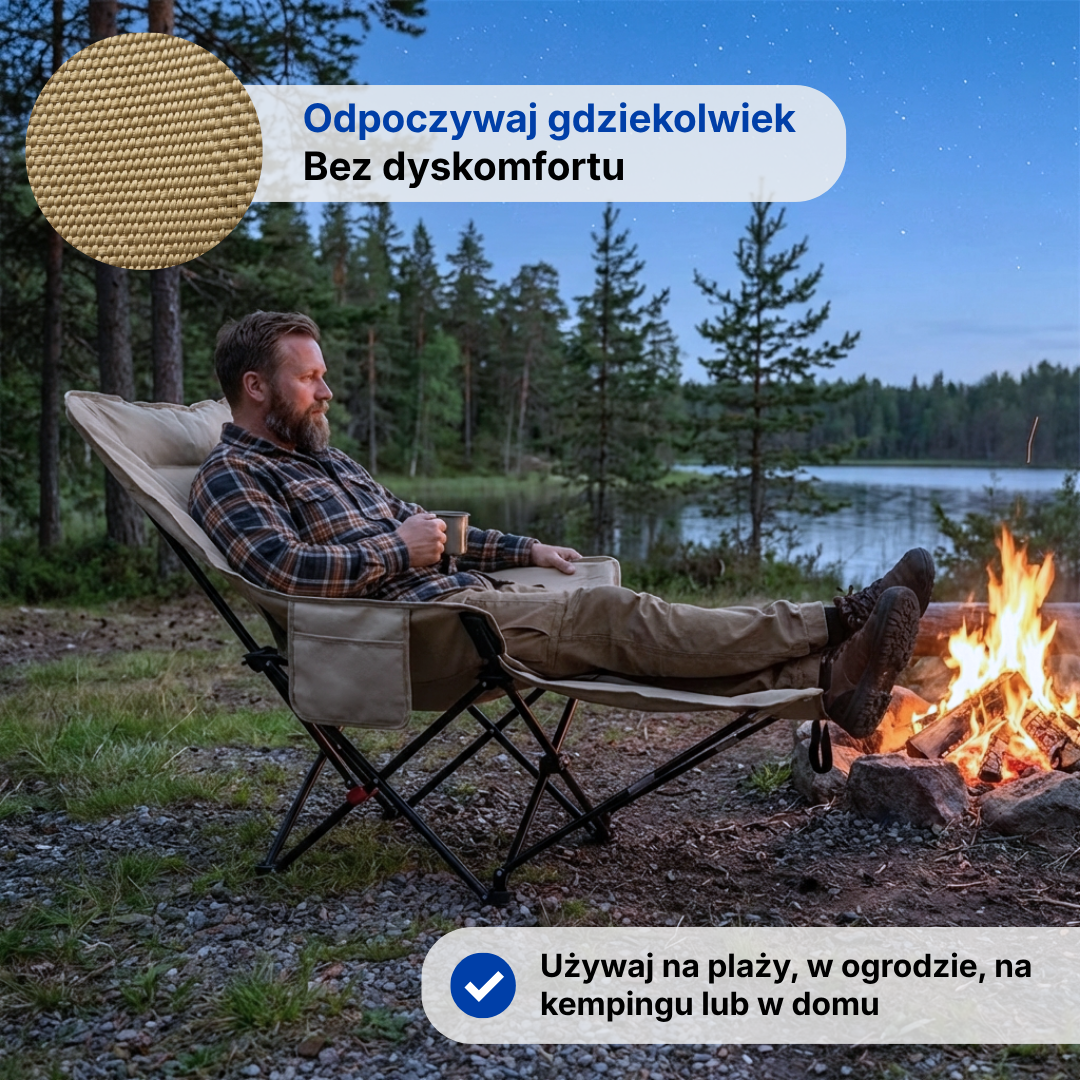 Składany fotel wędkarski z podnóżkiem – regulowane oparcie – plaża i camping