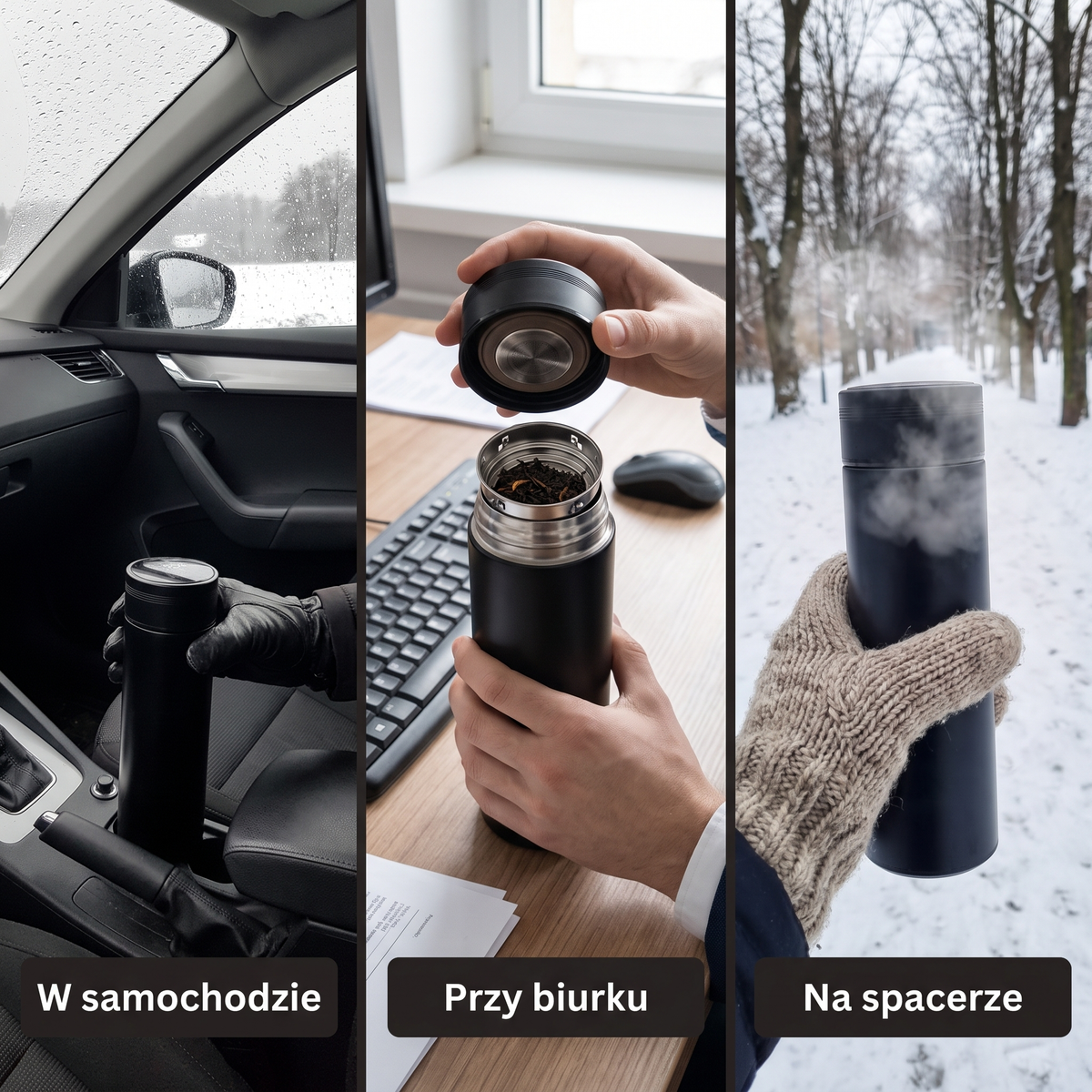 Kubek termiczny w samochodzie, przy biurku i na spacerze