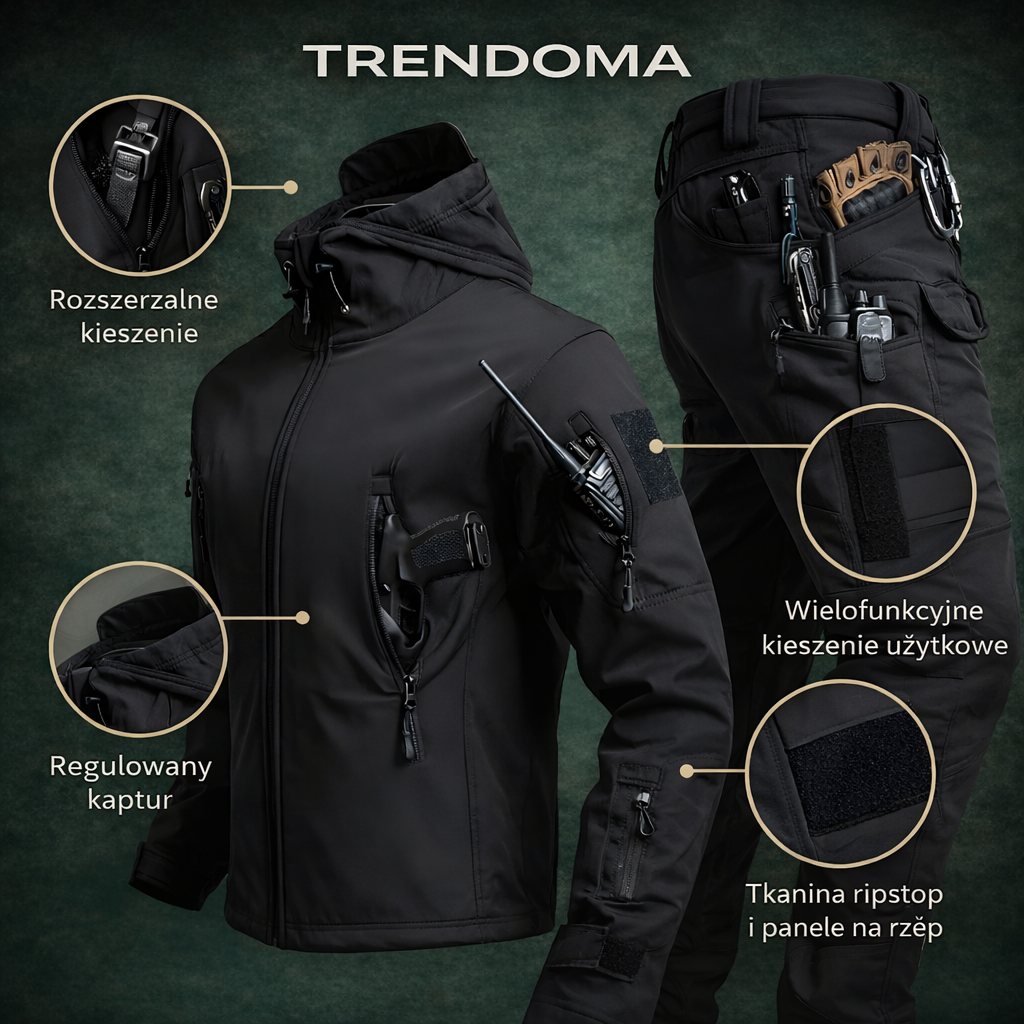 Męski zestaw z ociepleniem polarowym – kurtka z kapturem i spodnie do użytkowania outdoorowego