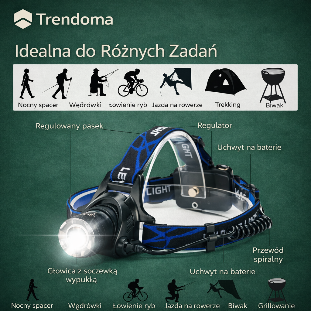 Wodoodporna ładowalna latarka czołowa LED – oświetlenie bez użycia rąk
