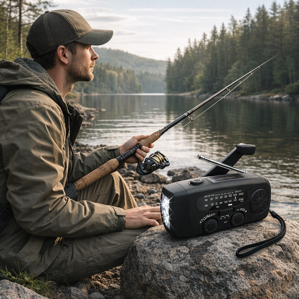 Radio awaryjne z korbką – solarne, AM/FM, latarka LED – survival i kemping