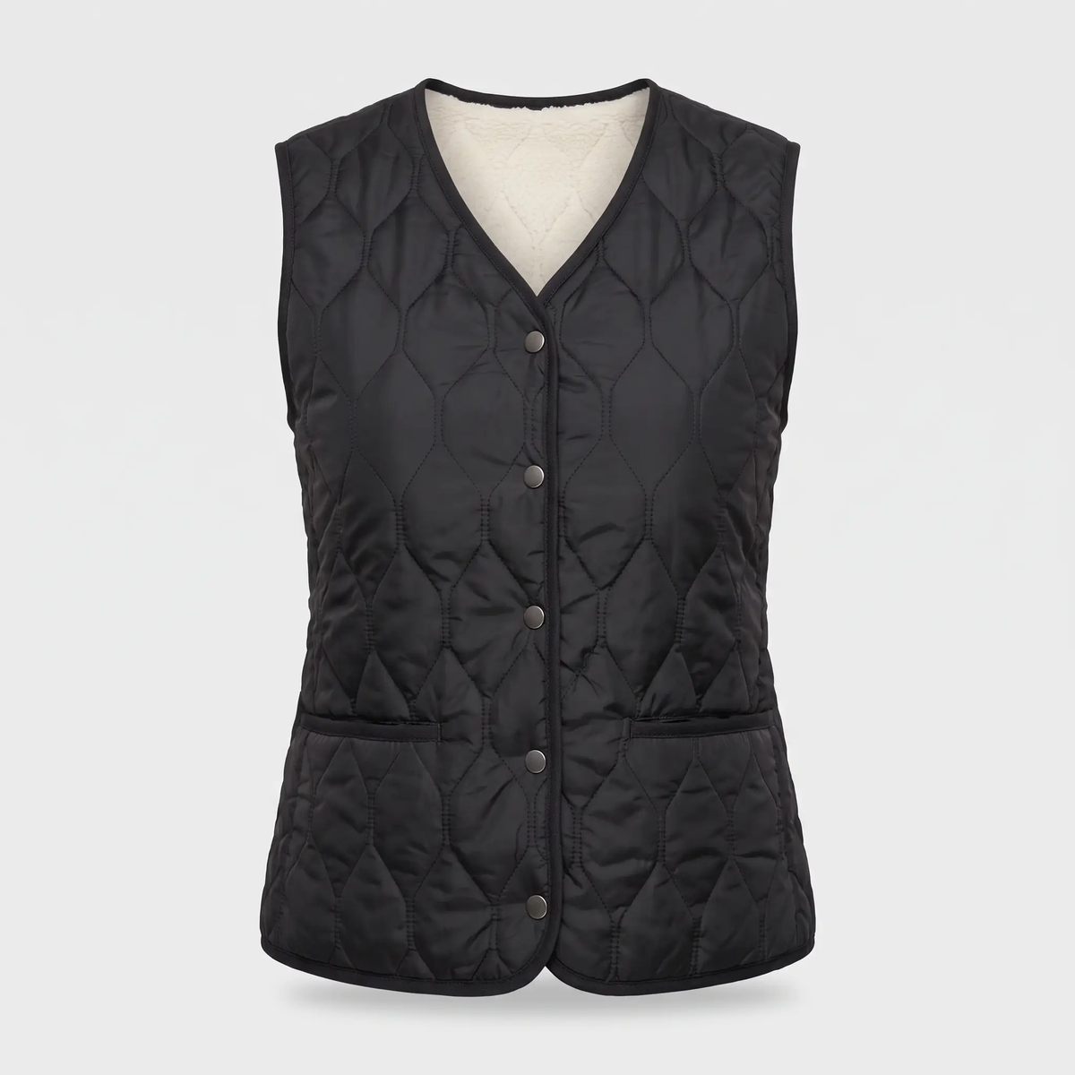 Women's puffer vest in Black - quilted sherpa lined winter vest, front view