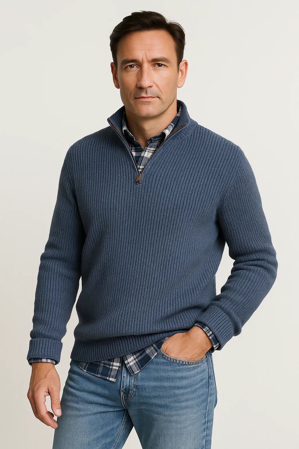 Sweter męski z prążkowanym splotem i kołnierzem zapinanym na guziki | Casualowy fason – model 2