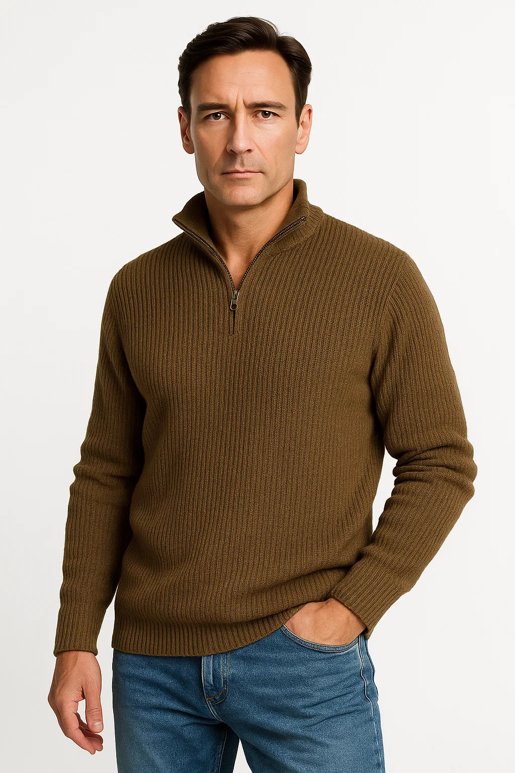 Sweter męski z prążkowanym splotem i kołnierzem zapinanym na guziki | Casualowy fason – model 2
