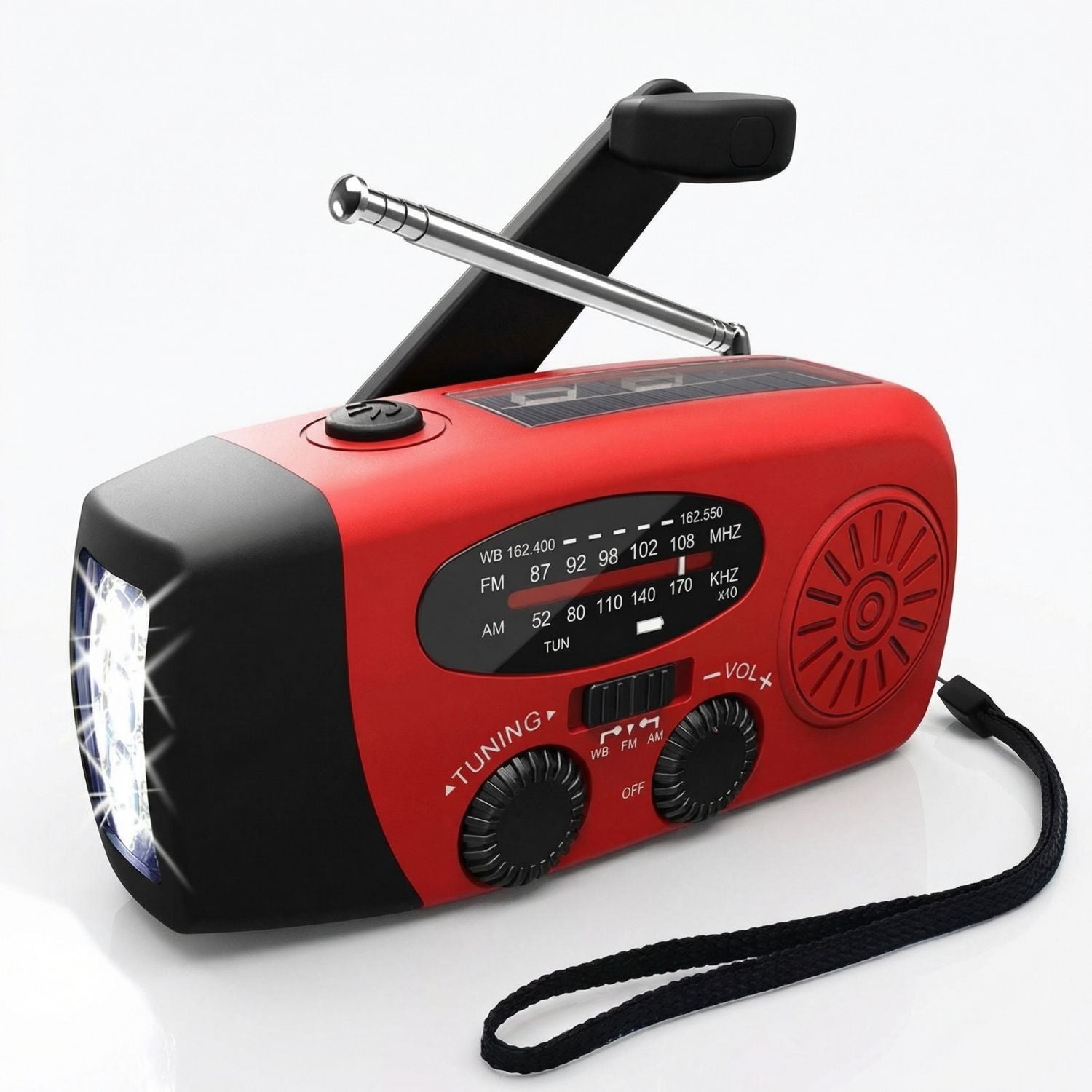 Radio awaryjne z korbką – solarne, AM/FM, latarka LED – survival i kemping