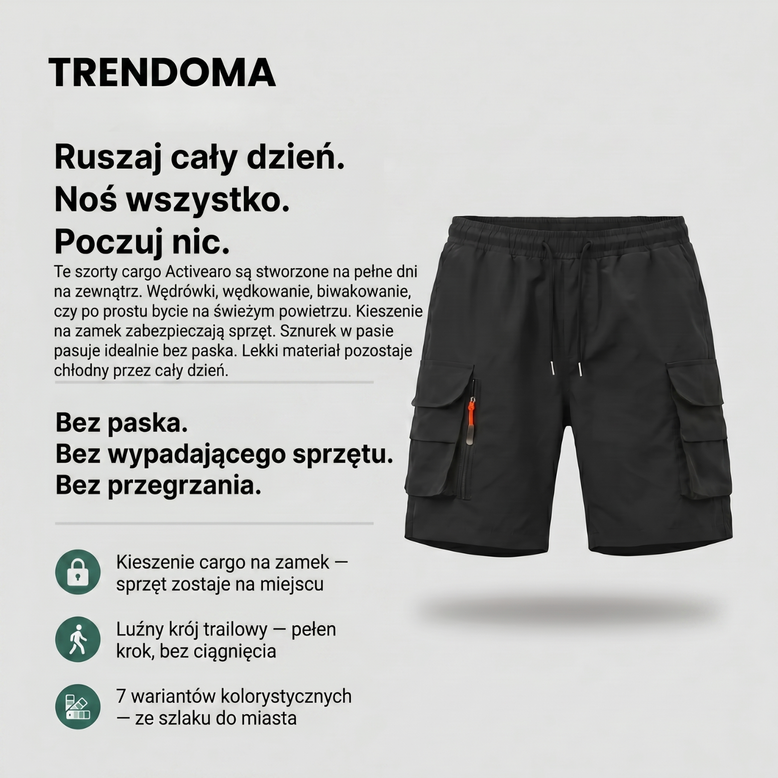Męskie lekkie spodenki bojówki – kieszenie na zamek – trekking i lato