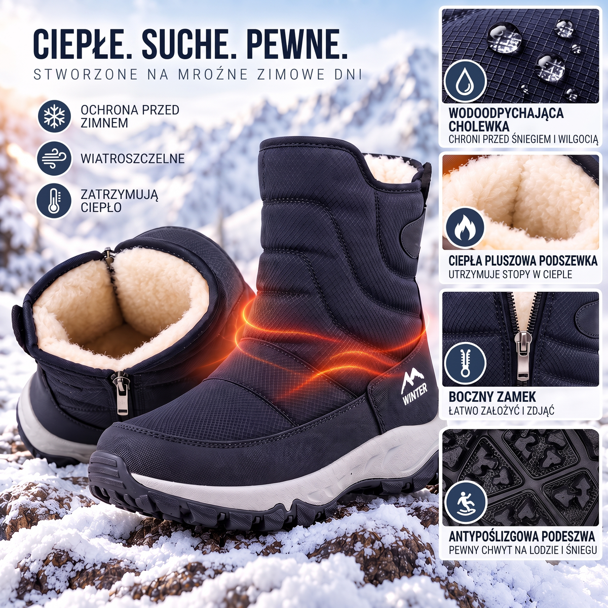 Buty zimowe męskie pikowane na zamek - infografika: cholewka, podszewka, zamek i podeszwa