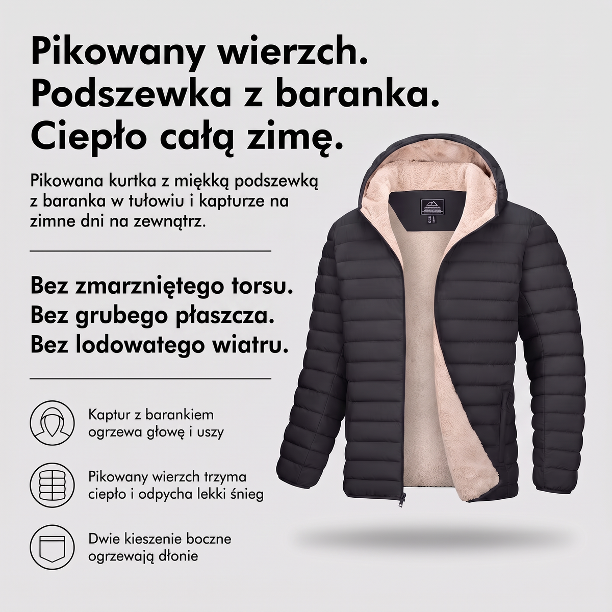 Kurtka zimowa męska pikowana z barankiem - infografika: pikowany wierzch, podszewka z baranka
