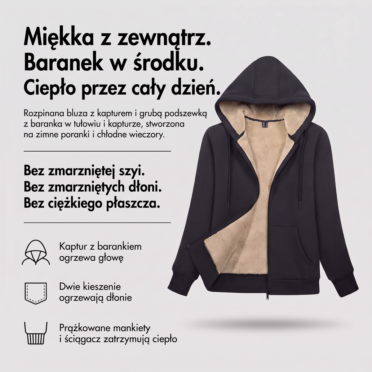 Bluza rozpinana damska na baranku - infografika: miękka z zewnątrz, baranek w środku