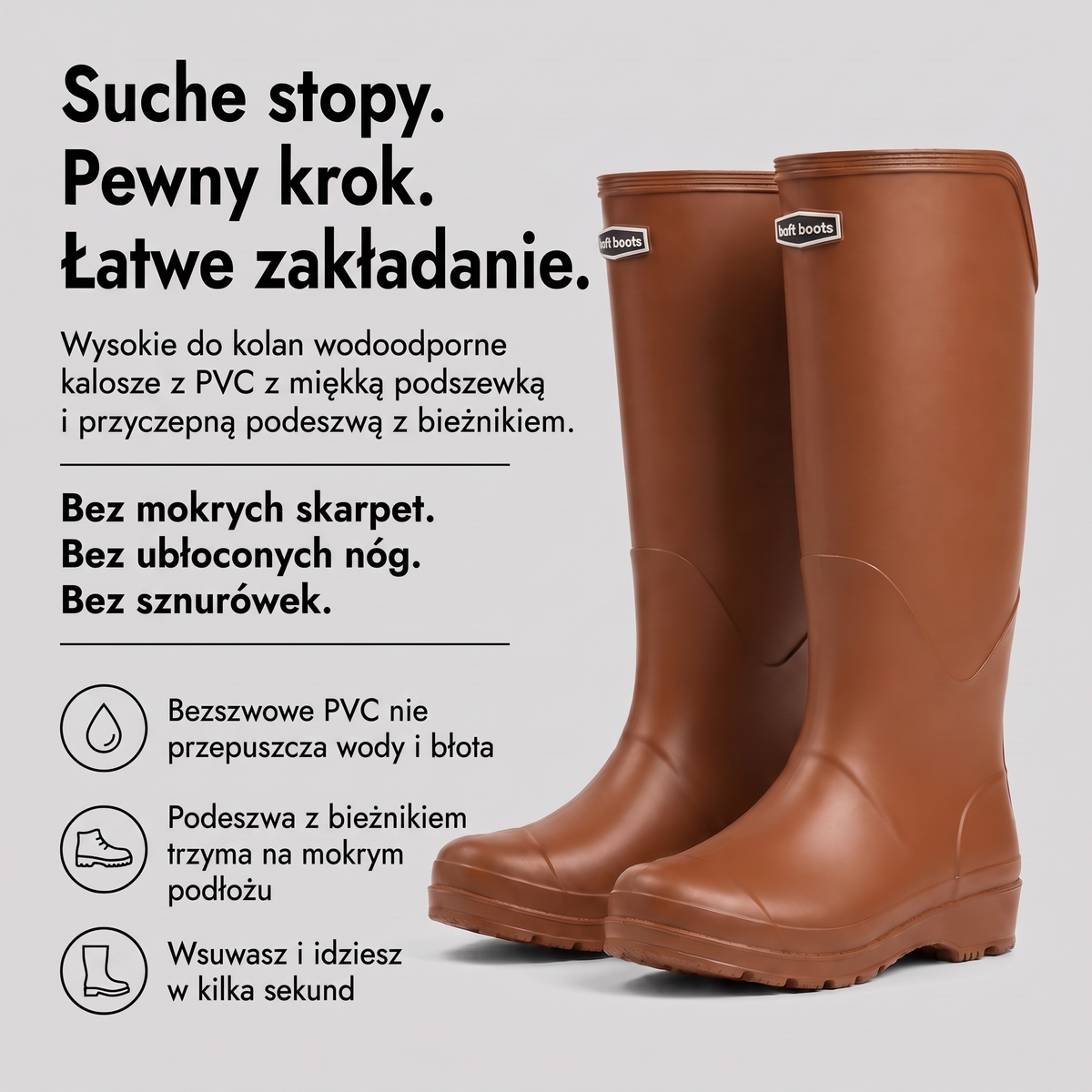 Kalosze damskie wysokie do kolan - infografika: wodoodporne PVC, podeszwa z bieżnikiem