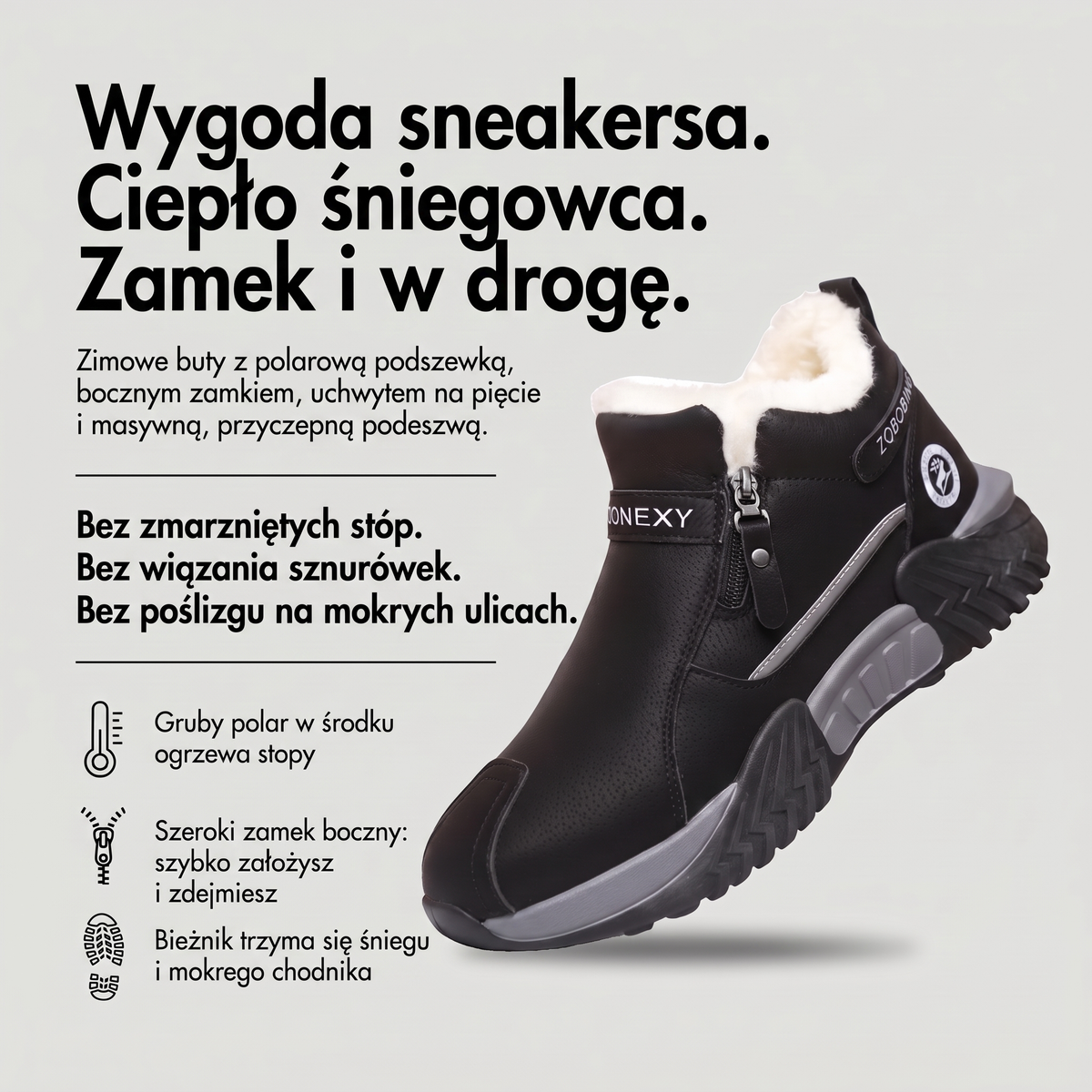 Buty zimowe męskie ocieplane na zamek - infografika: wygoda sneakersa, ciepło śniegowca