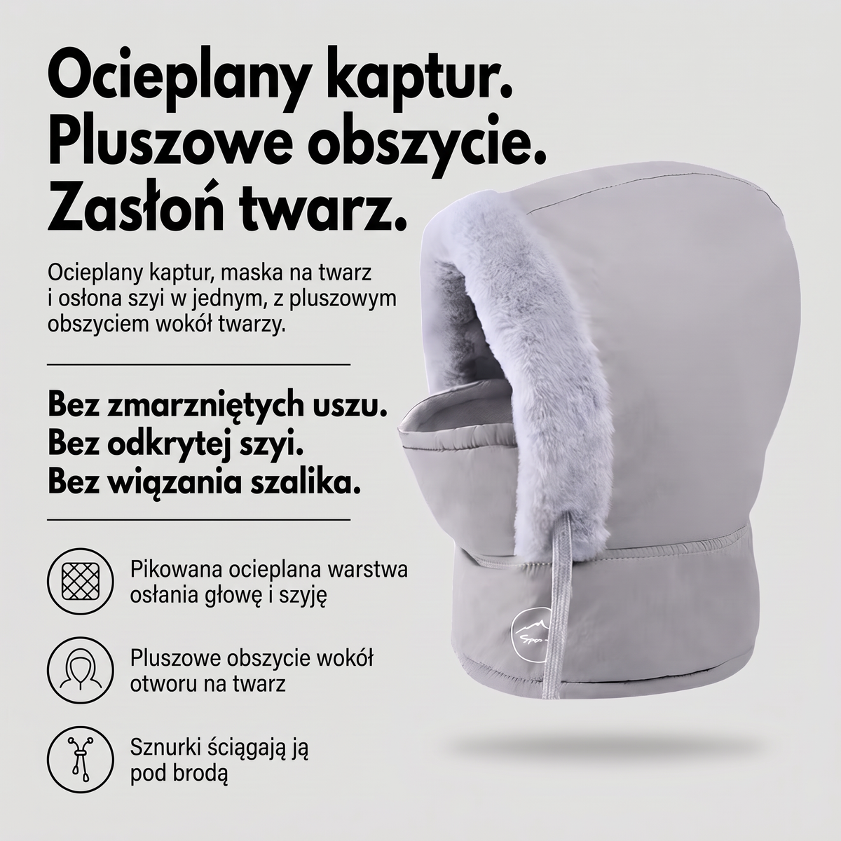 Kominiarka pikowana z kapturem - infografika z zaletami