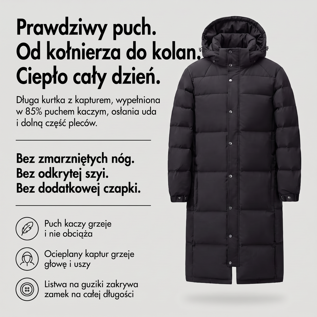 Kurtka zimowa męska długa puchowa - infografika z zaletami