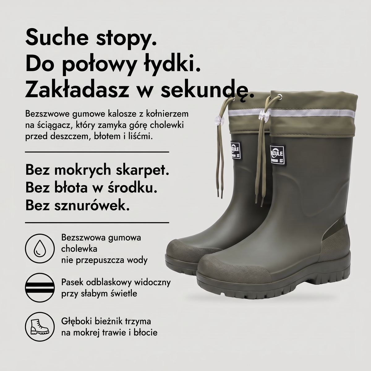 Kalosze męskie gumowe do połowy łydki - infografika z zaletami