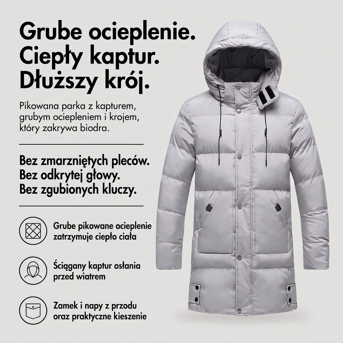 Kurtka zimowa męska parka pikowana - infografika z zaletami
