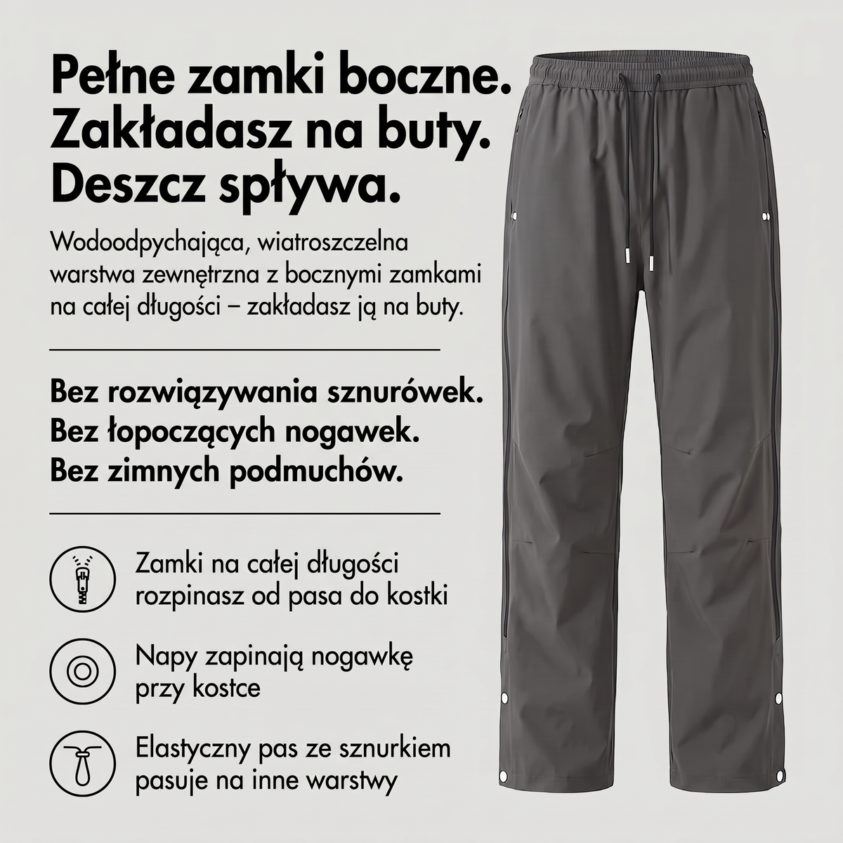 Spodnie przeciwdeszczowe unisex z zamkami - infografika z zaletami
