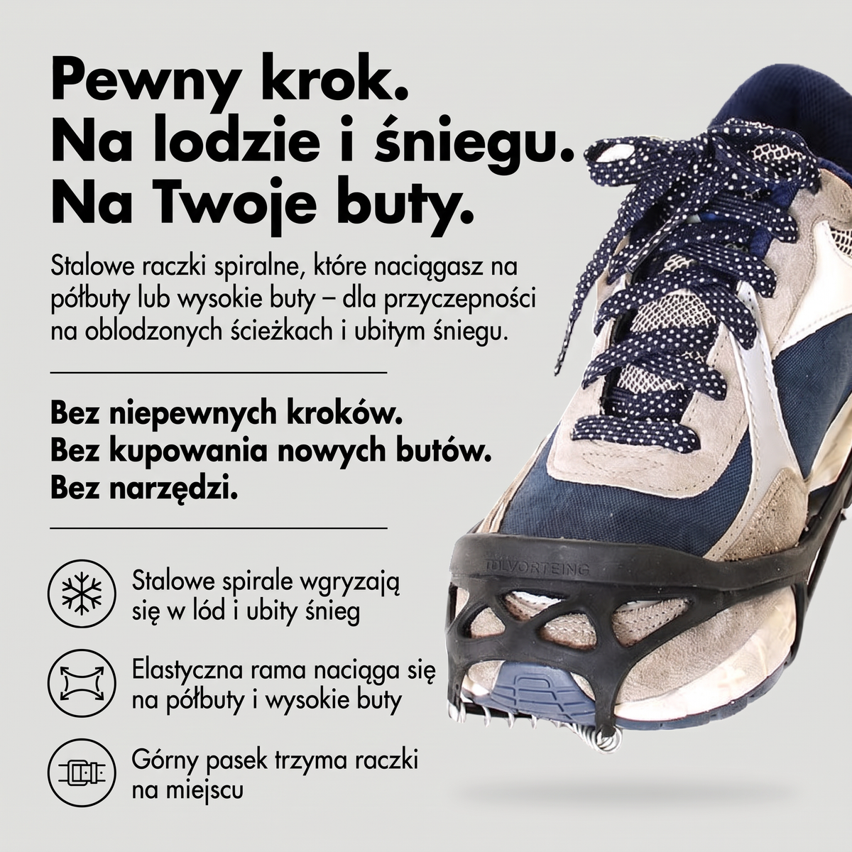 Raczki na buty spiralne - infografika: stalowe spirale, elastyczna rama, górny pasek