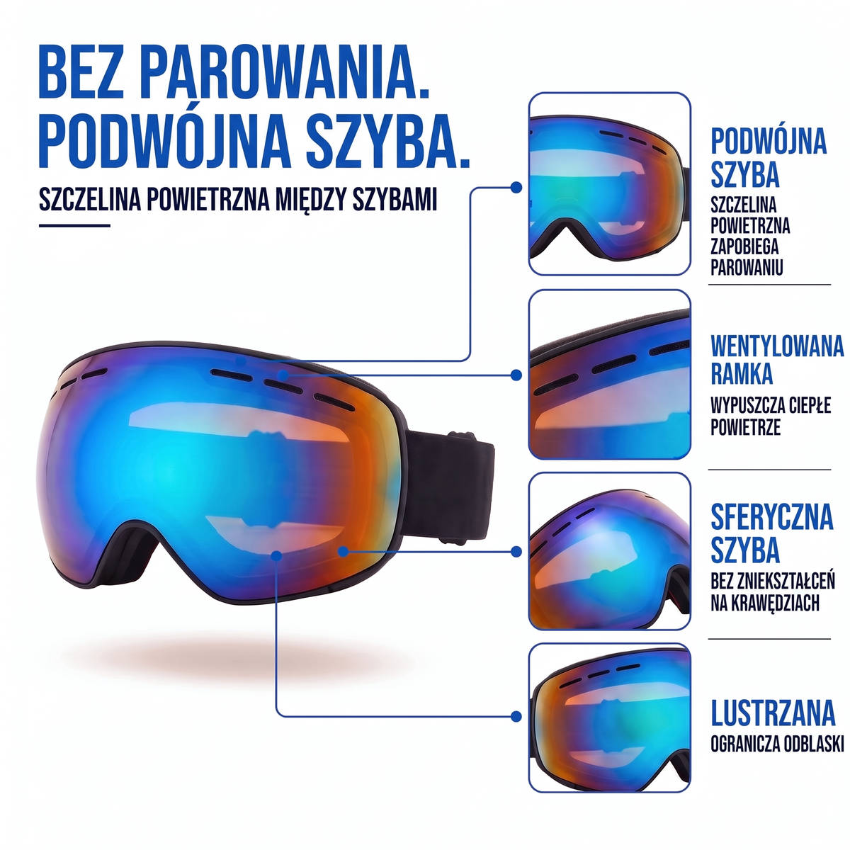 Gogle narciarskie antyparowe lustrzane - podwójna szyba bez parowania