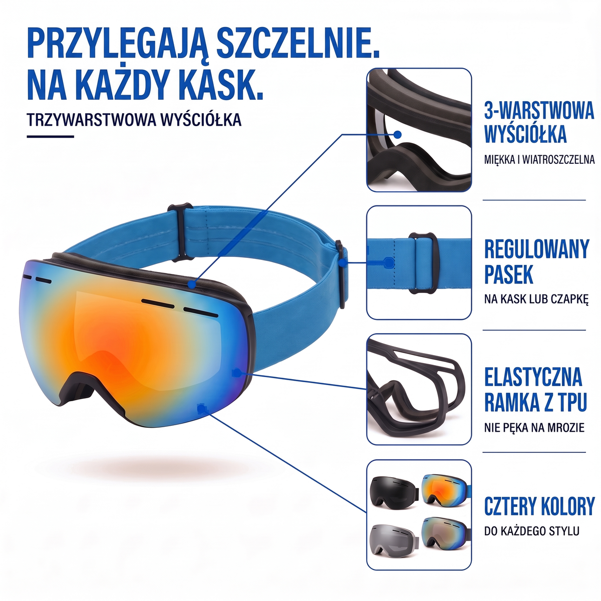 Gogle narciarskie antyparowe lustrzane - wyściółka, pasek, ramka, kolory