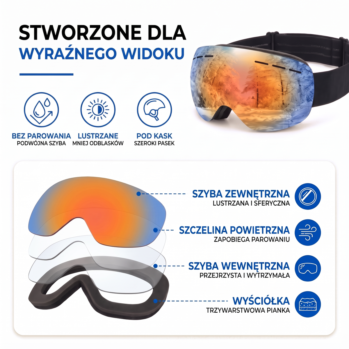 Gogle narciarskie antyparowe lustrzane - budowa szyb i wyściółki