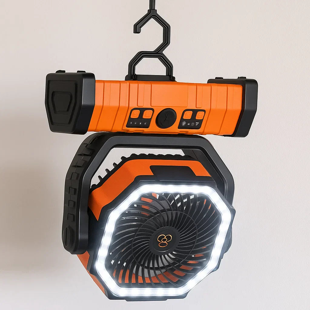 Wentylator kempingowy z lampą i powerbankiem – 3w1, ładowany USB