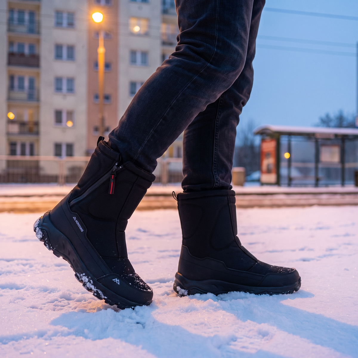 Buty zimowe męskie na zaśnieżonym chodniku