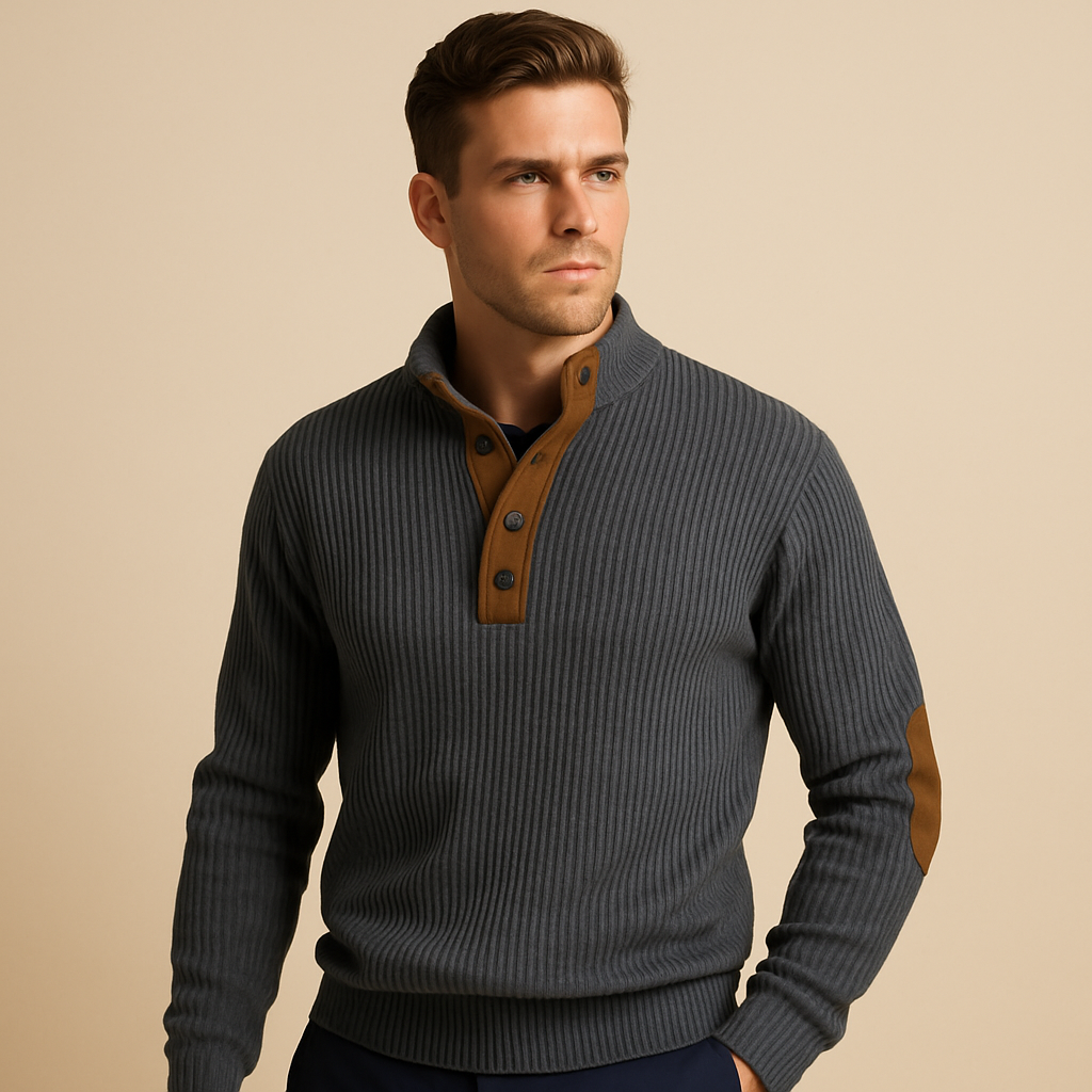 Sweter męski z prążkowanym splotem i kołnierzem zapinanym na guziki | Casualowy fason