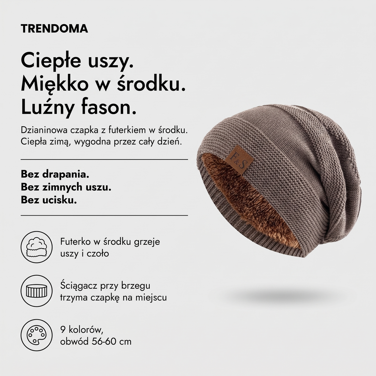 Czapka beanie z futerkiem w środku, luźny fason, obwód 56-60 cm