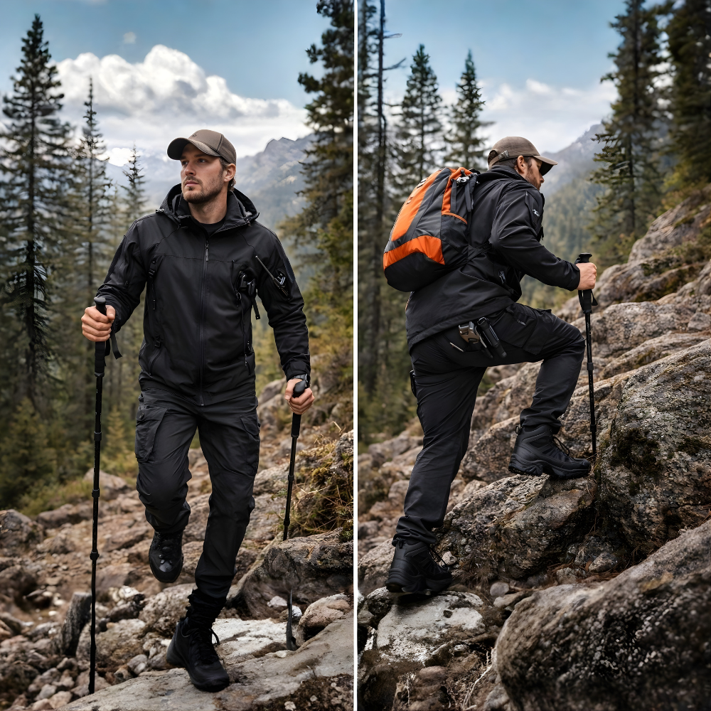 Męski zestaw z ociepleniem polarowym – kurtka z kapturem i spodnie do użytkowania outdoorowego