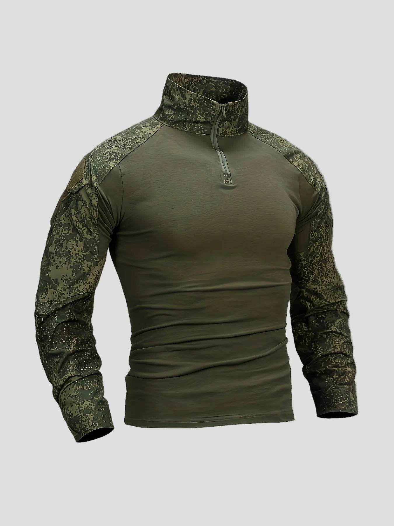 Męska taktyczna koszulka outdoorowa z długim rękawem w kamuflażu – model z półzamkiem