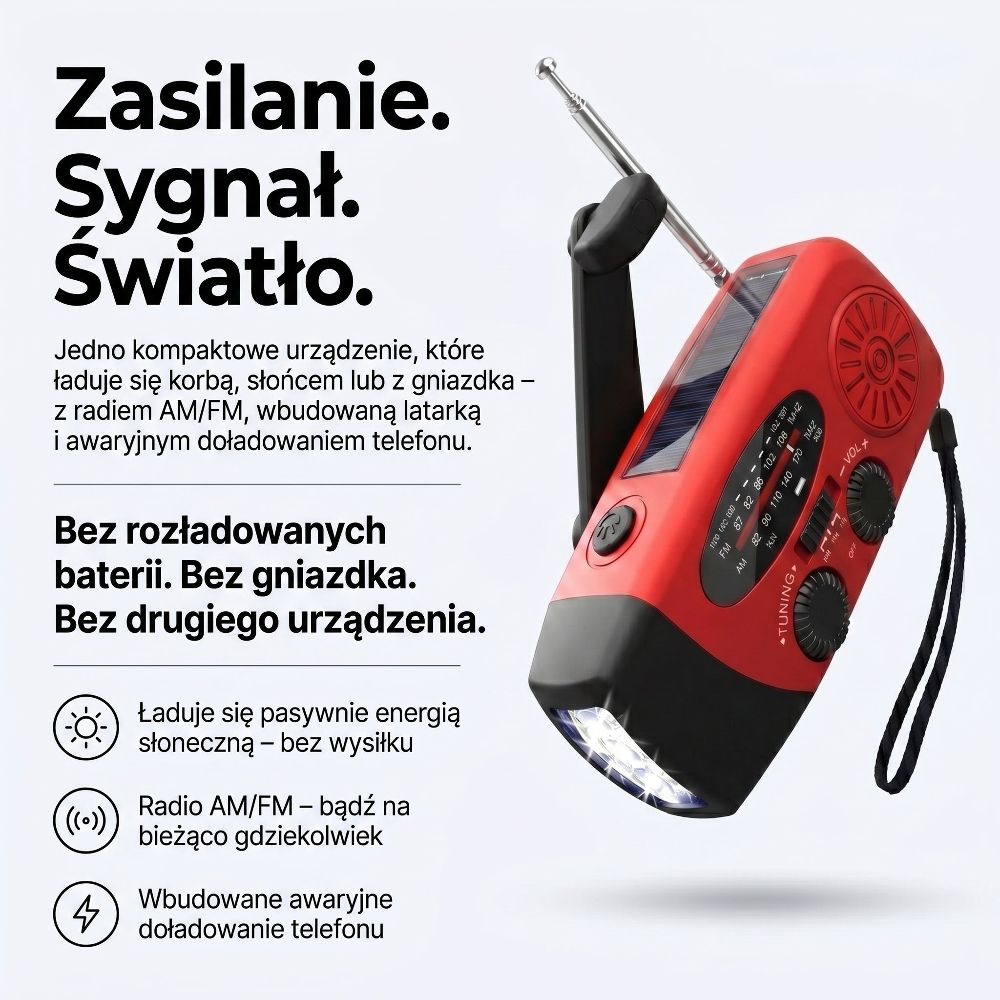 Radio awaryjne z korbką – solarne, AM/FM, latarka LED – survival i kemping