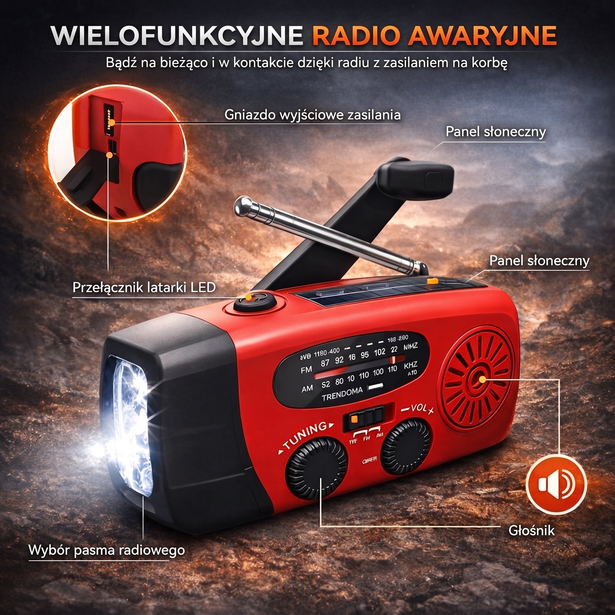 Radio awaryjne z korbką – solarne, AM/FM, latarka LED – survival i kemping