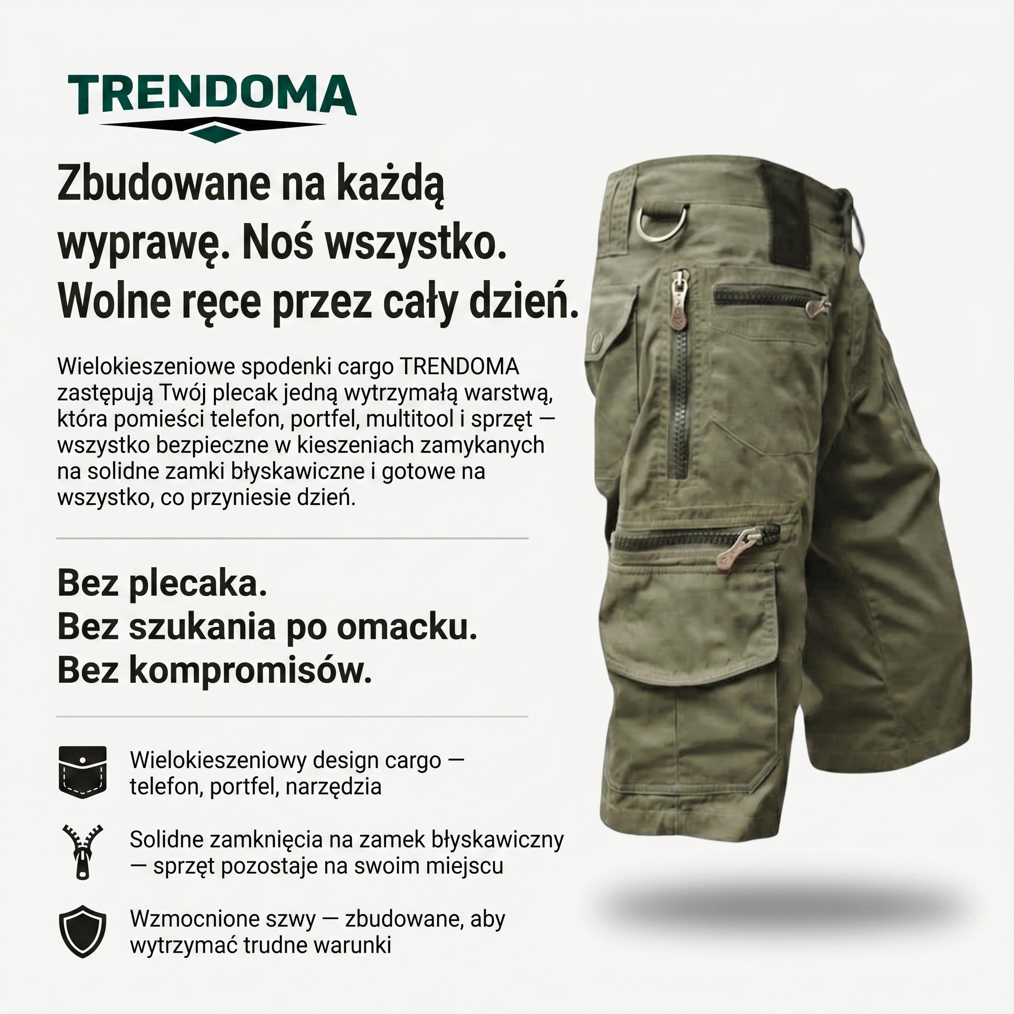 Spodenki bojówki męskie – szybkoschnące, kieszenie na zamek – outdoor