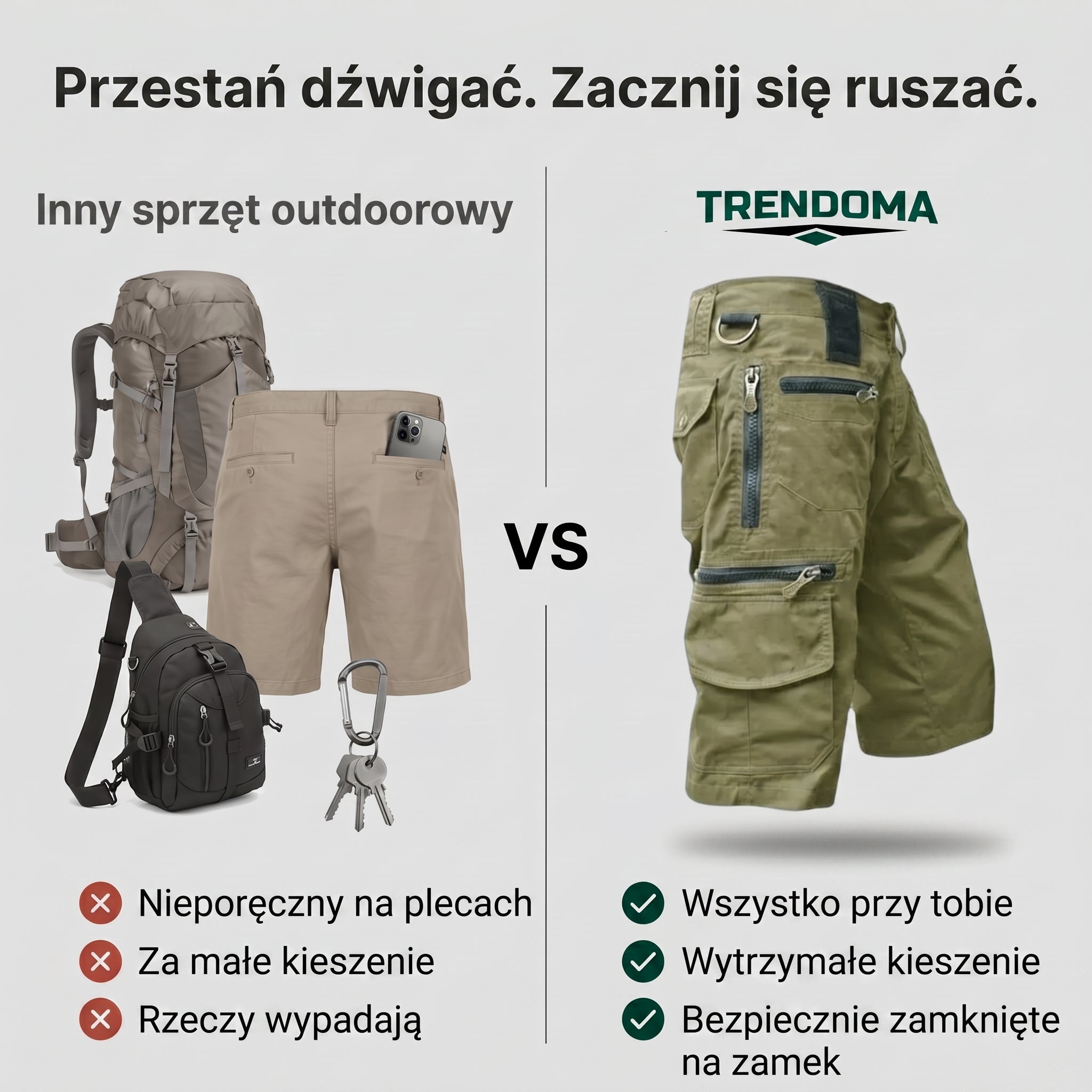 Spodenki bojówki męskie – szybkoschnące, kieszenie na zamek – outdoor
