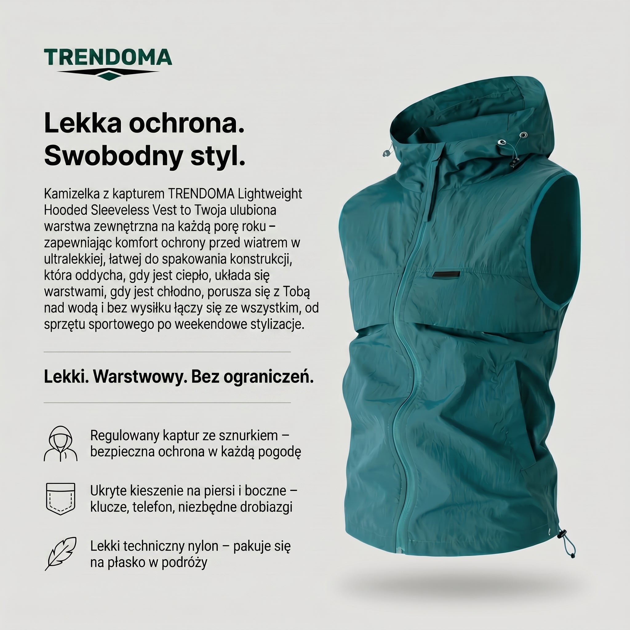 Kamizelka wędkarska męska z kapturem – lekka, letnia – outdoor i trekking