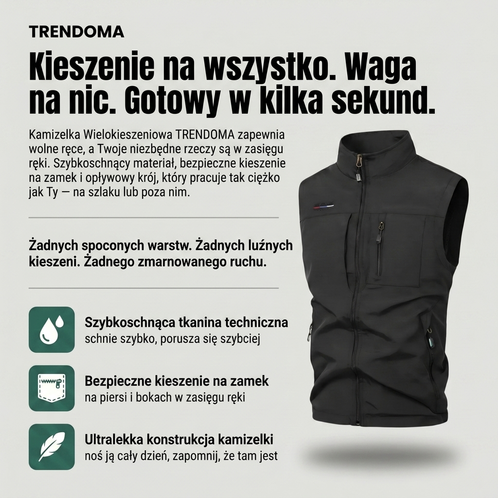 Lekka Wielokieszeniowa Kamizelka Outdoorowa – Szybkoschnąca Warstwa do Aktywnego Użytkowania