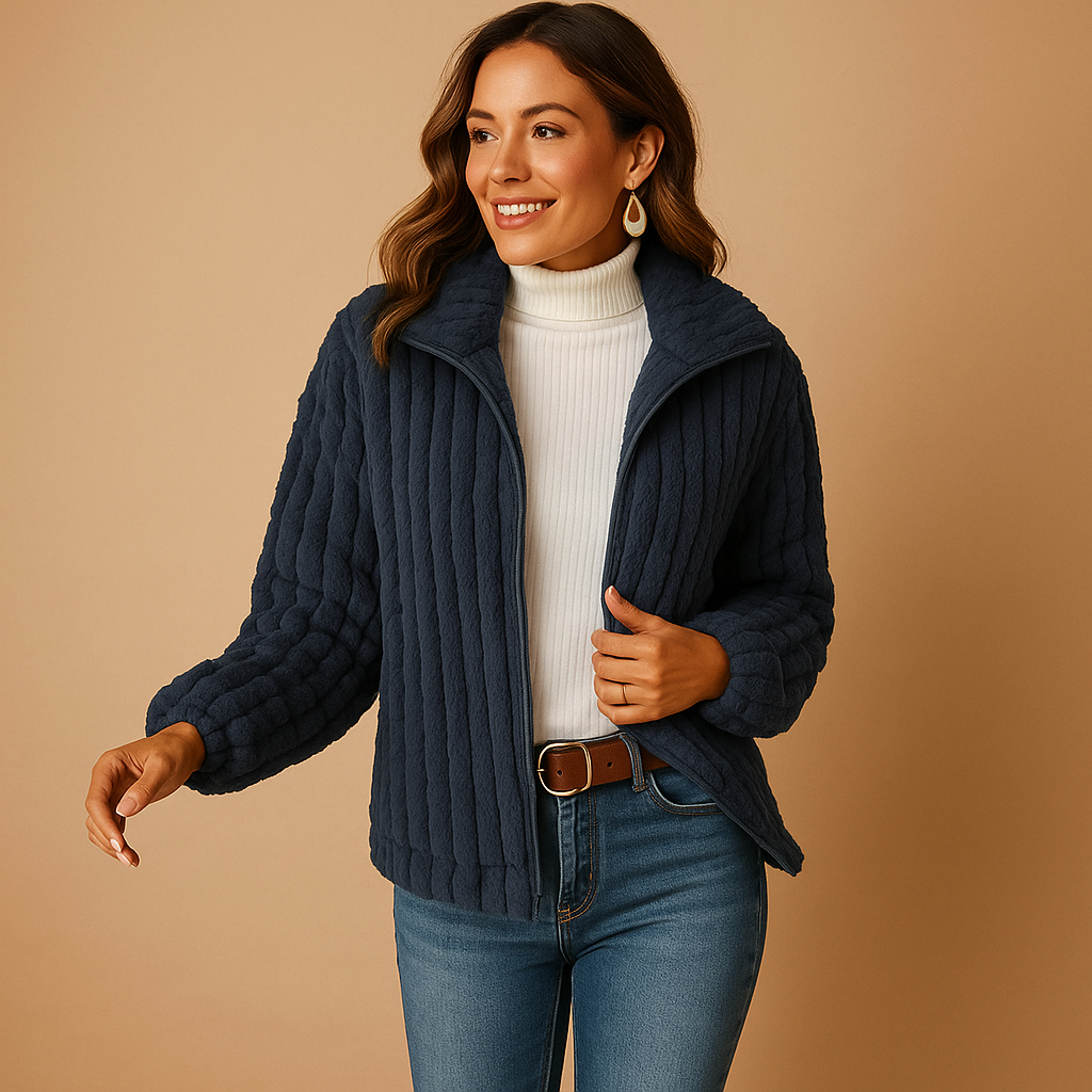 Długi polarowy kardigan damski z kołnierzem | Ciepły i elegancki fason