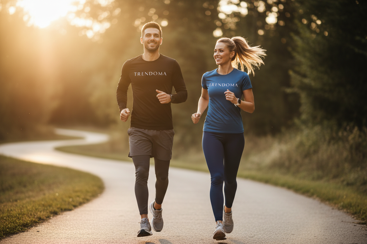 maak een afbeelding hyperrealistich van een stel rond de 30 dat aan het hardlopen is en kleding van de store draagt, dus die daadwerkelijk op de store wordt verkocht, en op de shirts staat de naam TRENDOMA op de borst